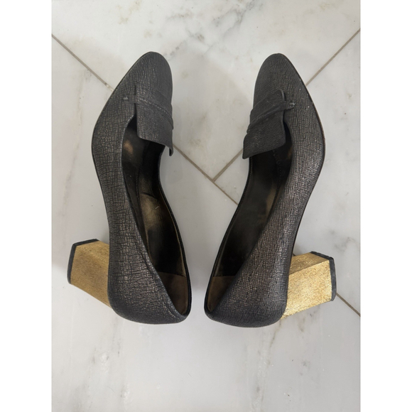 LANVIN Metallic Black Gold Block Heel Pumps Size 38 US 7 Women Leather Heels 2” - Picture 7 of 11